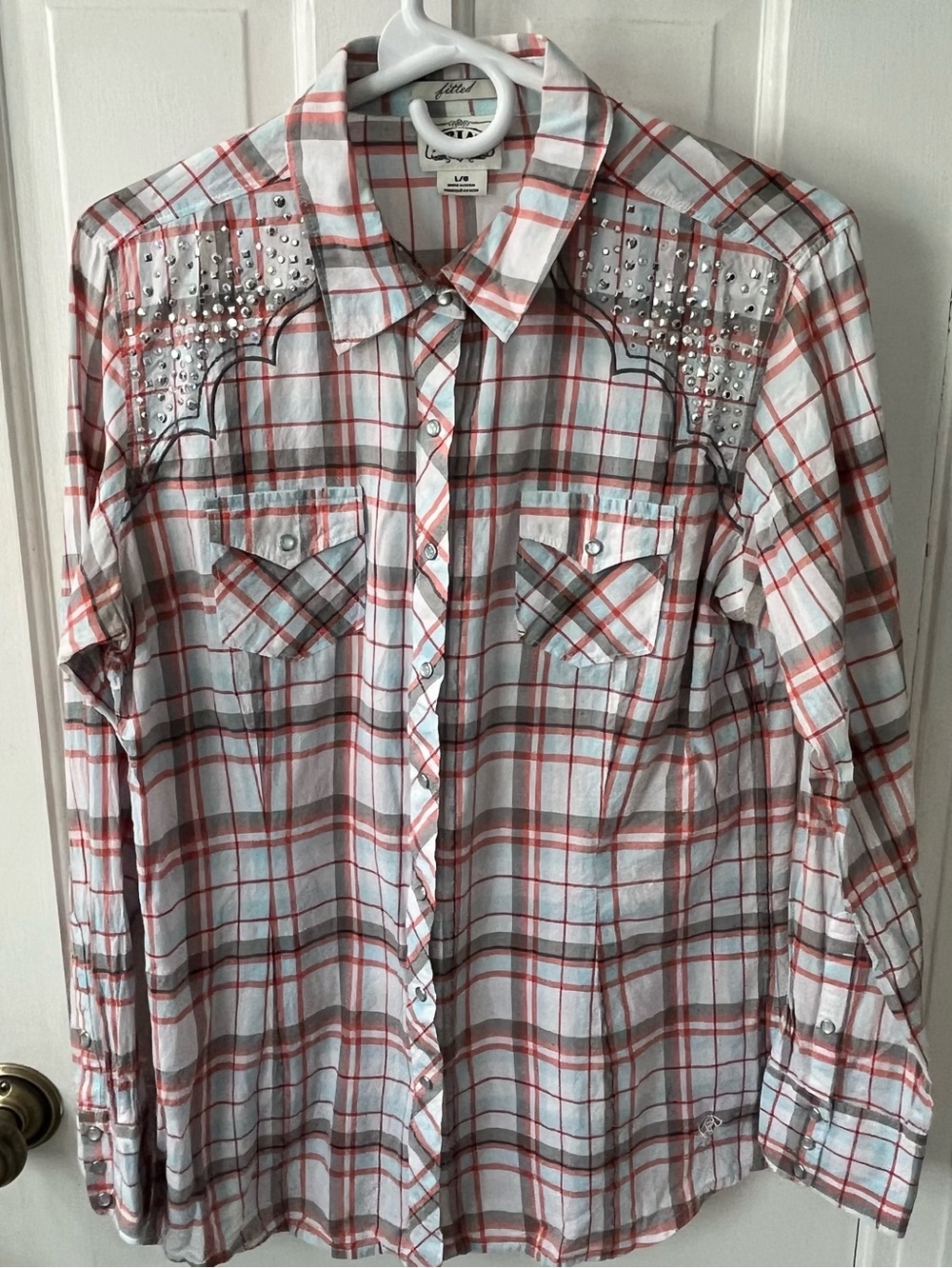 Ariat Rhinestone Studded Western Pearl Snap Plaid Shirt L